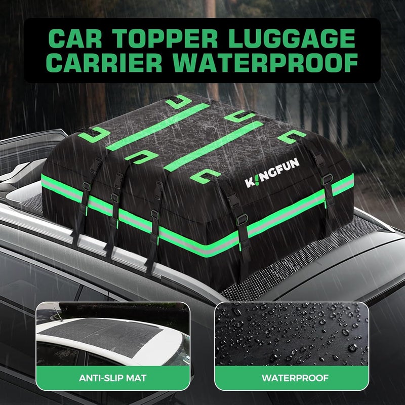 Kingfun حامل البضائع على السطح - حقيبة سقف سيارة مقاومة للماء بسعة 21 قدم مكعب تناسب جميع المركبات مع/بدون رف سقف، تشمل حصيرة مضادة للانزلاق، 8 أحزمة معززة و 6 خطافات أبواب، أحزمة ربط، أقفال أمتعة - Image 2